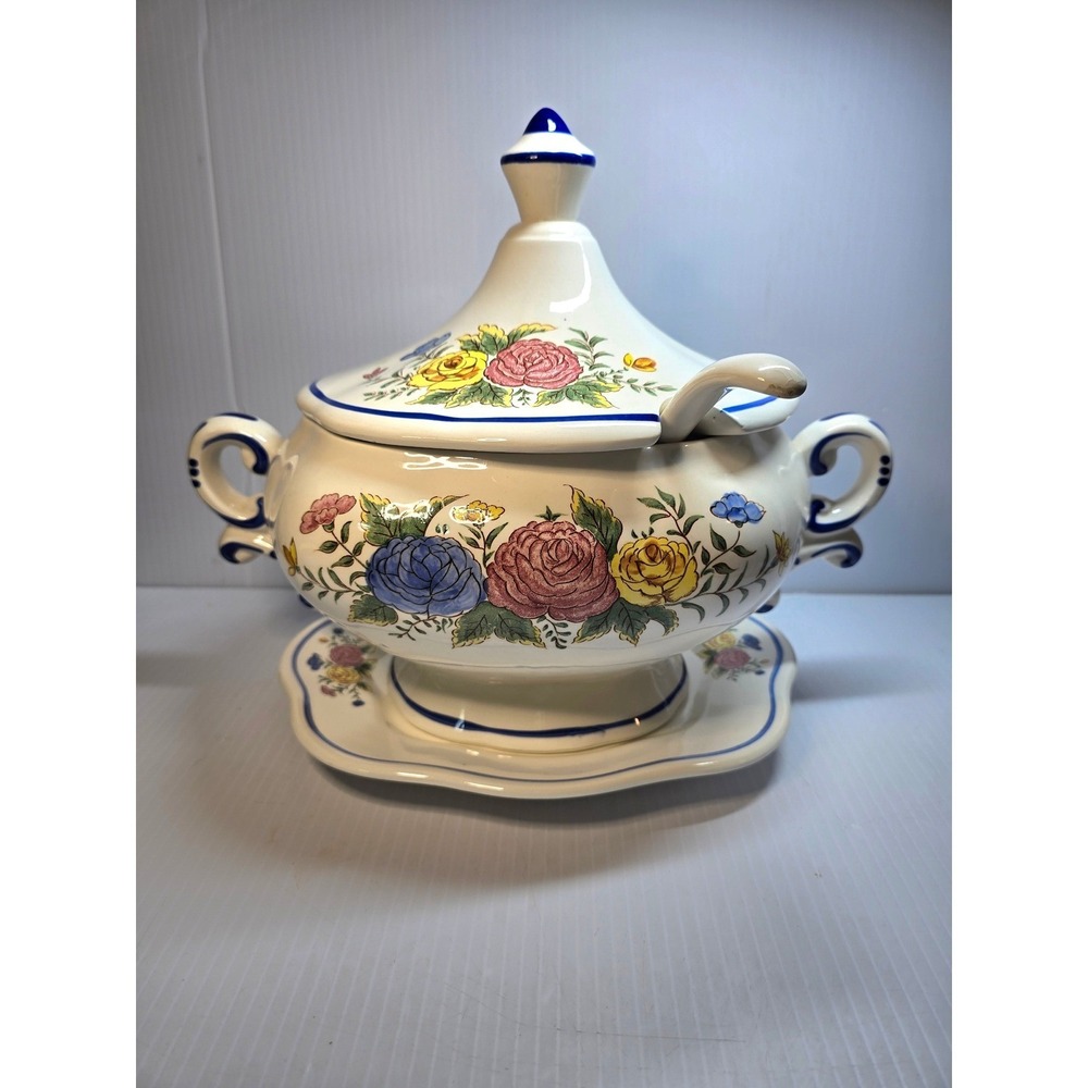 Vintage Ceramic Soup Tureen with Ladle and Underplate Floral Design Blue Trim